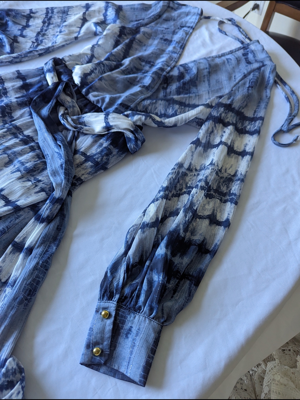 Va Va Voom Blue and White Tie-Dye Wide-Leg Jumpsuit Flowy Shimmer - Picture 5 of 10